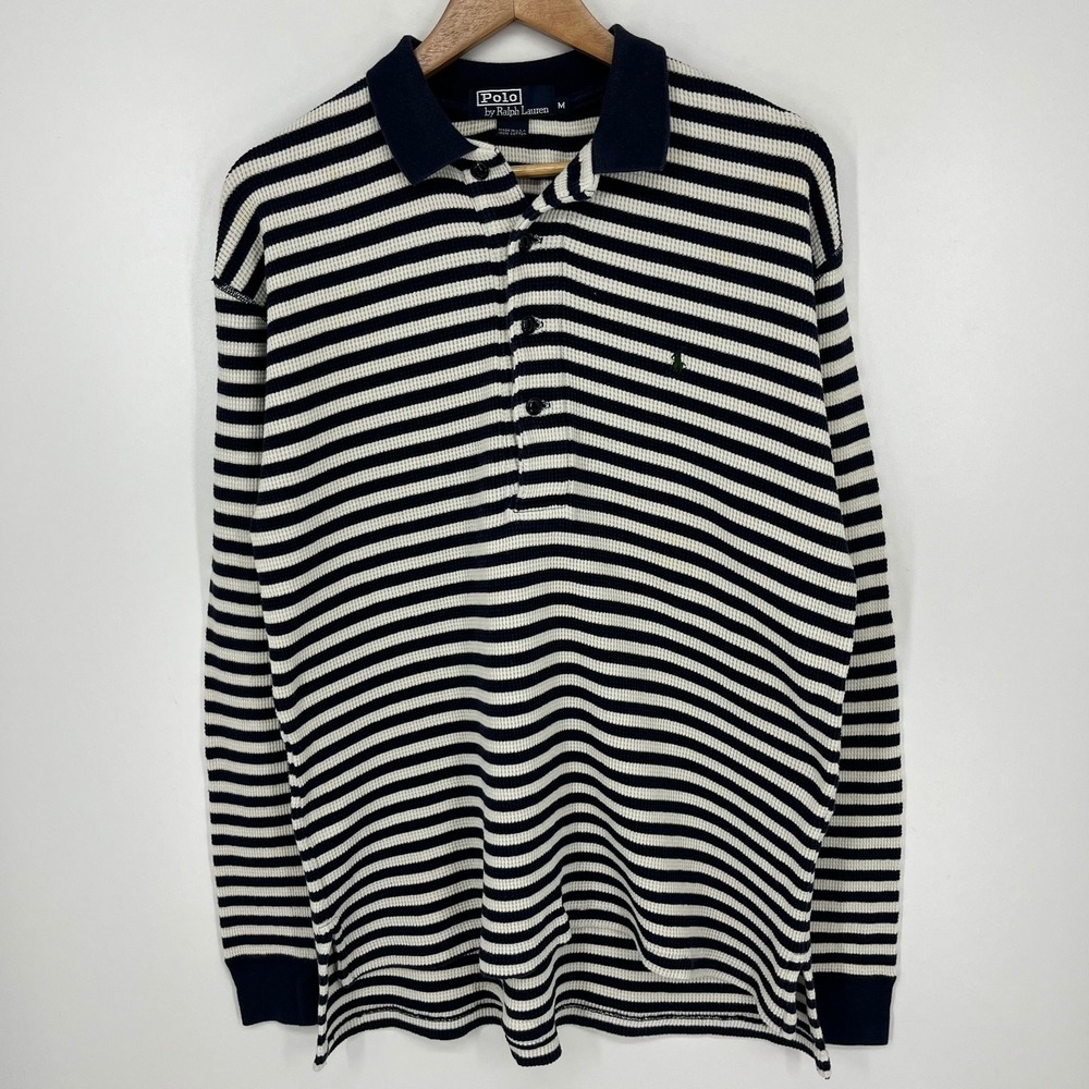 Polo Ralph Lauren Mens M Striped Waffle Knit Thermal Henley Shirt Navy Blue USA